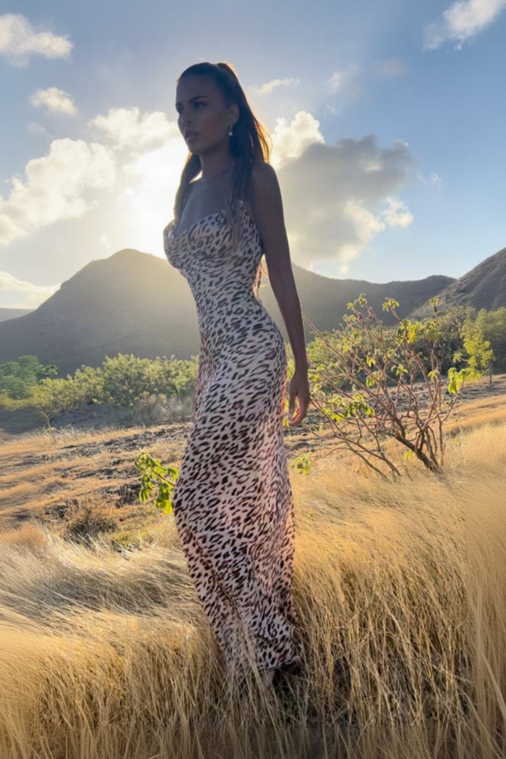 Lily Helu Bora Bora leopard-print maxi dress left side profile outdoors