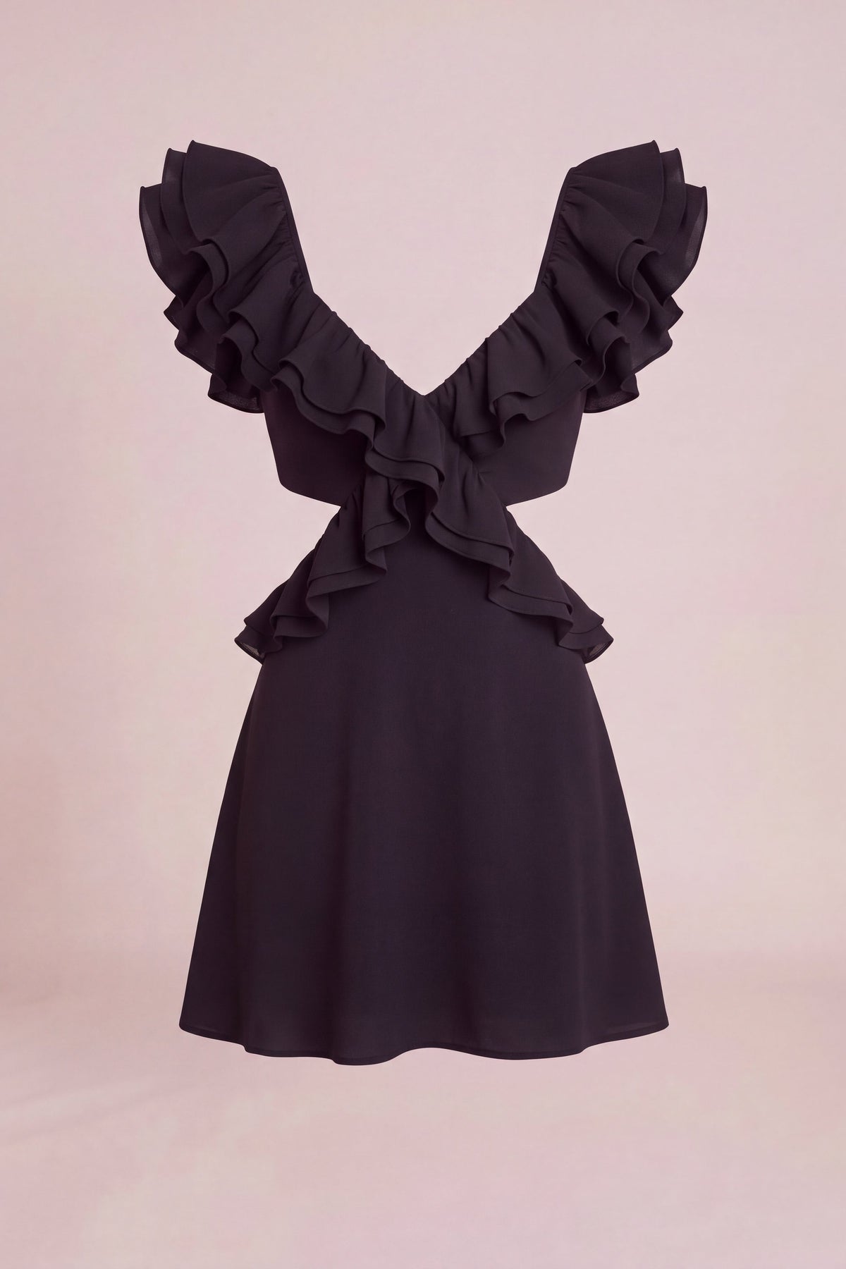 Lily Helu Black Saint Barts ruffle mini dress ghost mannequin front view