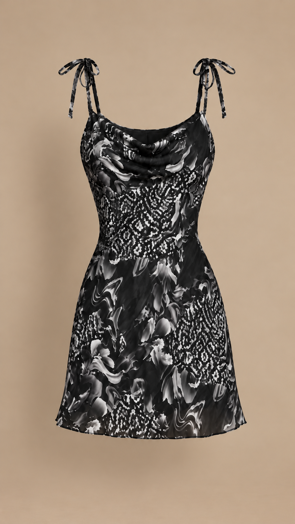 Black and White Floral Goddess dress — fitted size small ghost mannequin front view