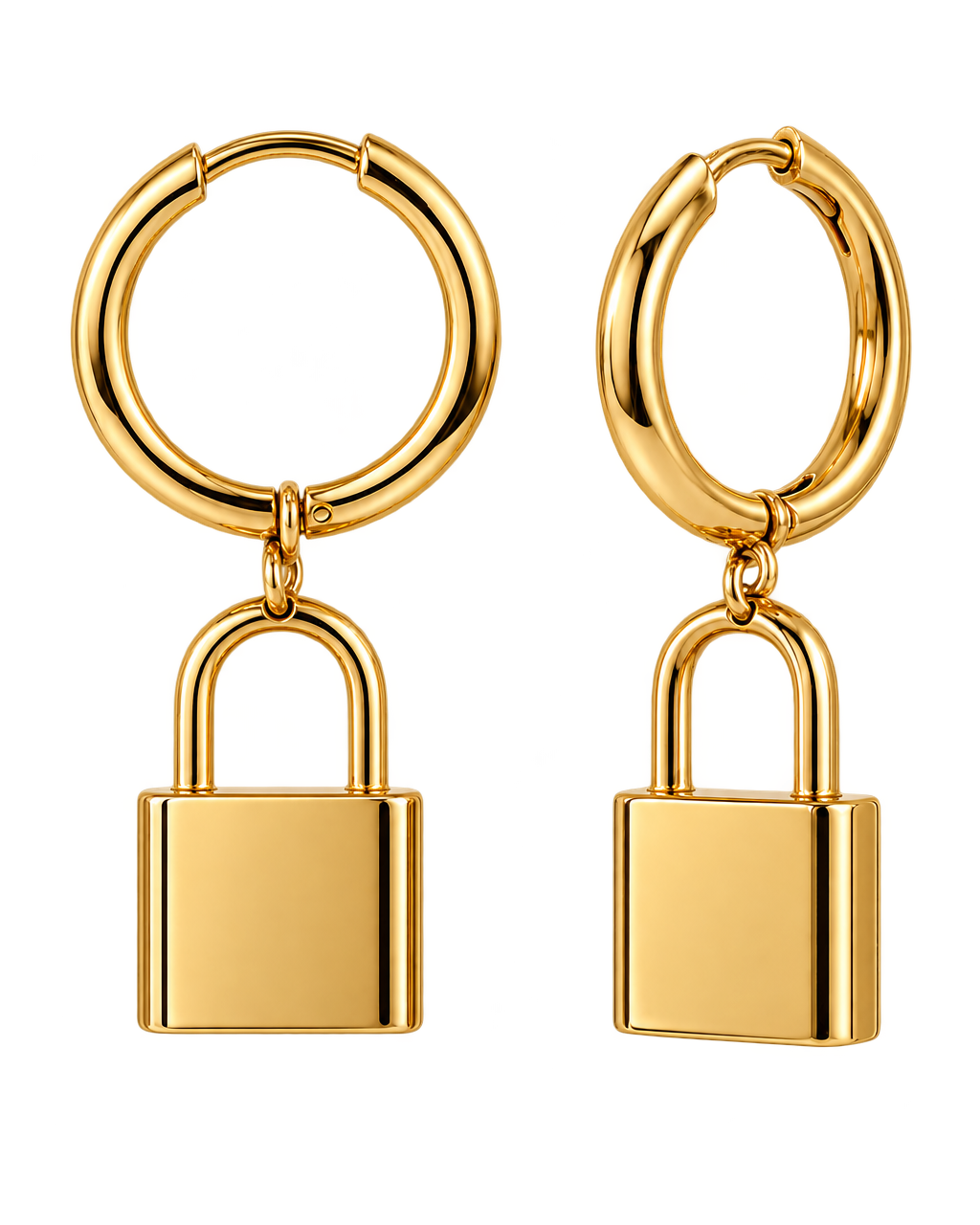 Pair of Lily Helu 18k gold-plated padlock hoop earrings with tiny connecting loops, angled product cutout on transparent background.