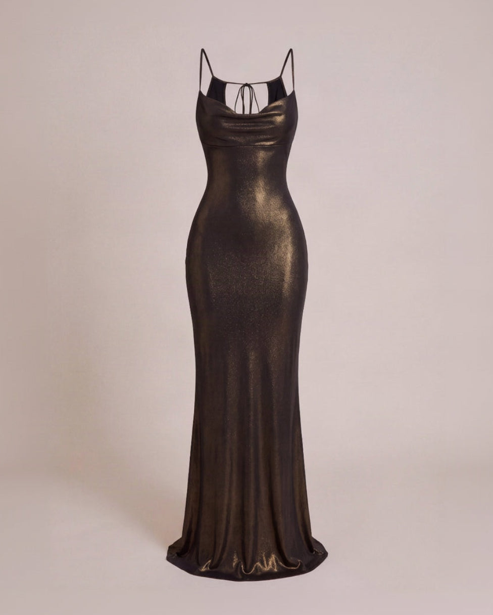 Lily Helu Tahiti black and gold maxi dress ghost mannequin front view